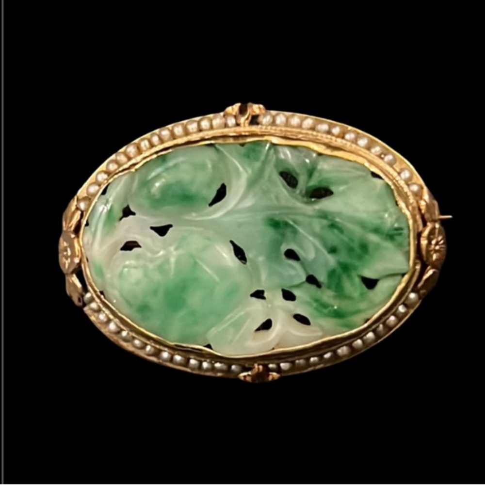 Antique Art Deco Gold Apple Jade Floral Cherry Blossom Pearl Lined Cameo Brooch - Picture 9 of 16